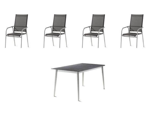 4 x Sirio Stapelsessel - Silbergrau + 160 x 90 cm Polytec® Tisch - Schiefer Anthrazit Polytec® Tischplatte mit Rundrohrgestell mit schrägen Beinen