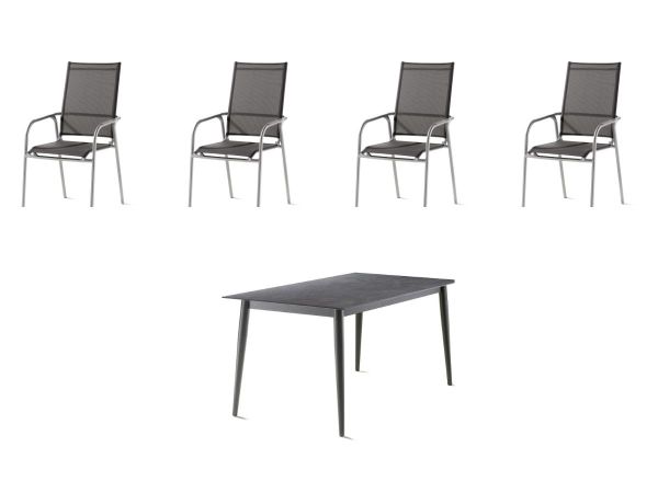 4 x Sirio Stapelsessel - Silbergrau + 160 x 90 cm Polytec® Tisch - Schiefer Anthrazit Polytec® Tischplatte mit Rundrohgestell