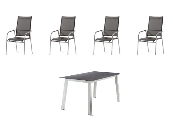 4 x Sirio Stapelsessel - Silbergrau + 160 x 90 cm Polytec® Tisch - Schiefer Anthrazit Polytec® Tischplatte mit Quadratrohrgestell mit schrägen Beinen