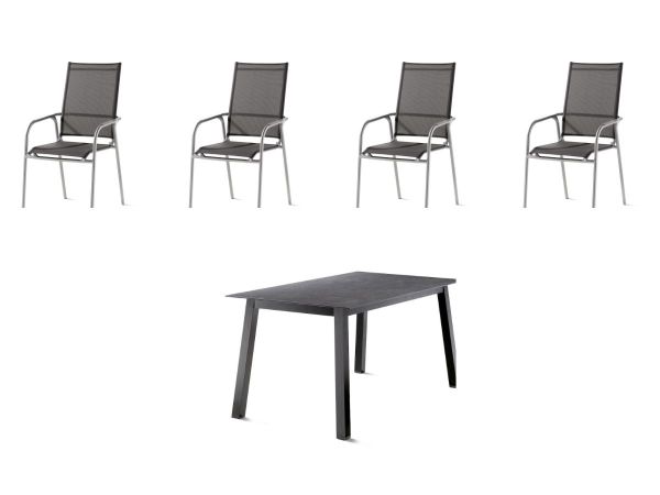 4 x Sirio Stapelsessel - Silbergrau + 160 x 90 cm Polytec® Tisch - Schiefer Anthrazit Polytec® Tischplatte mit Rundrohgestell