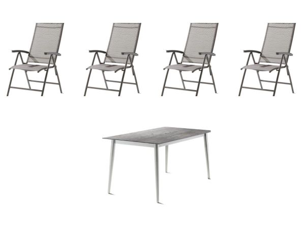 4 x Sirio Stapelsessel - Hellgrau + 160 x 90 cm Polytec® Tisch - Beton Hell Polytec® Tischplatte mit Rundrohrgestell mit schrägen Beinen