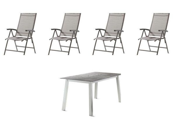 4 x Sirio Stapelsessel - Hellgrau + 160 x 90 cm Polytec® Tisch - Beton Hell Polytec® Tischplatte mit Quadratrohrgestell mit schrägen Beinen