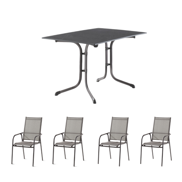 4x Sirio Stapelsessel Eisengrau/Hellgrau + Boulevard-Klapptisch Schiefer anthrazit/Eisengrau 120 x 80 cm