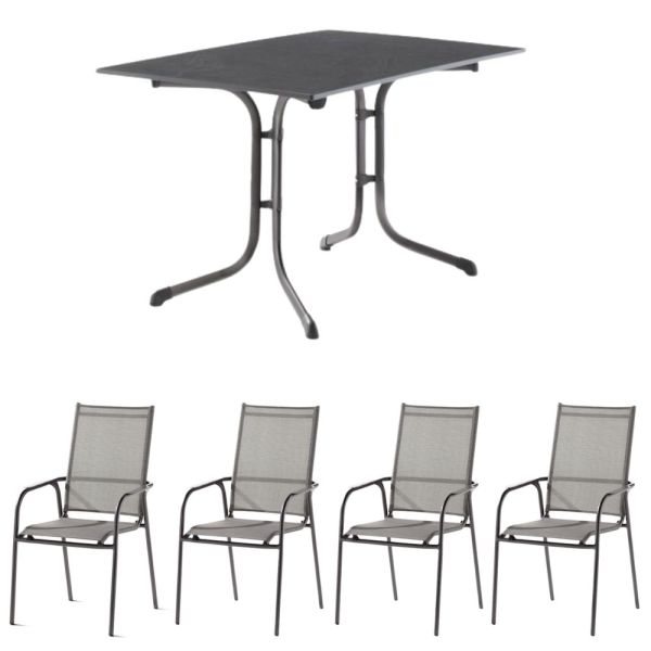 4x Sirio Stapelsessel Graphit / Silbergrau + Boulevard Klapptisch 120x80 cm Schiefer Anthrazit